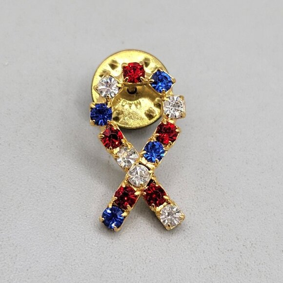 Patriotic Ribbon Pin Brooch Red White Blue Crystals Gold Tone Lapel Pin - Picture 3 of 3